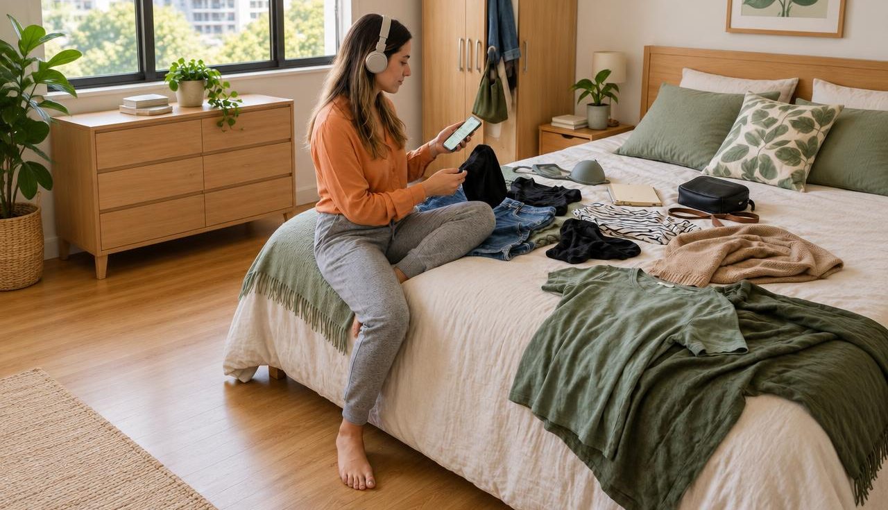 Mulher sentada na cama, descalça, de fones de ouvido, com o celular em uma mão e uma peça de roupa na outra
